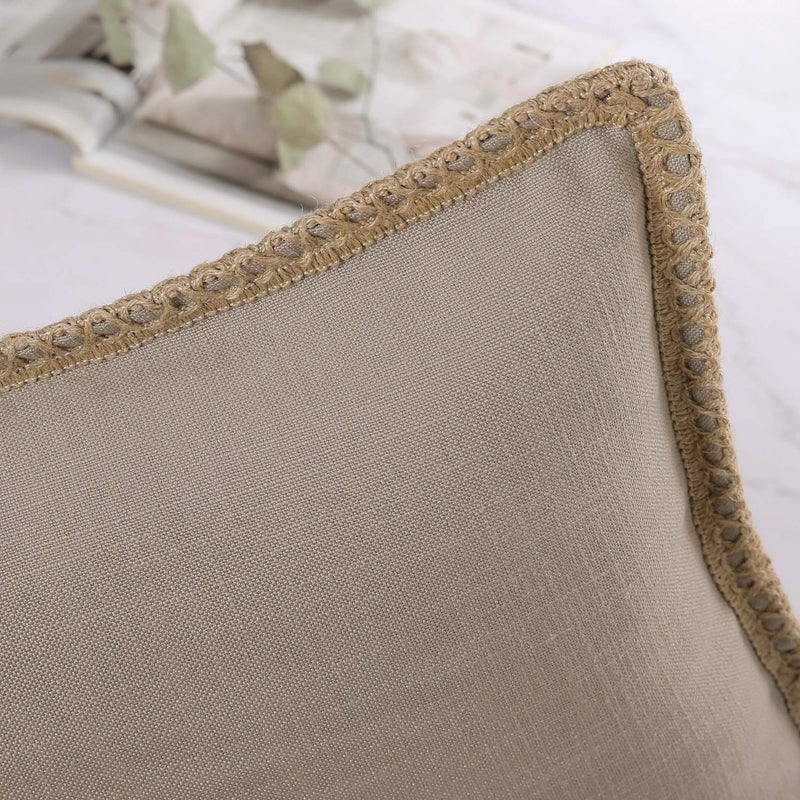 Phantoscope Pack of 2 Farmhouse Decorative Solid Throw Decorative Pillow Cover Burlap Linen Trimmed Tailored Edges Beige 24 x 24 inches, 60 x 60 cm - Image 2